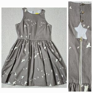 Vaute Couture Pleated Organic Cotton Dress Size M Bird Print